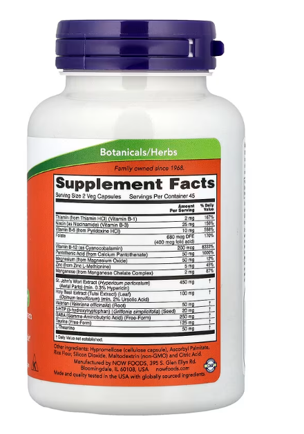 NOW Foods Mood Support supplement facts label showing St. John’s Wort, B vitamins, and herbal blend.