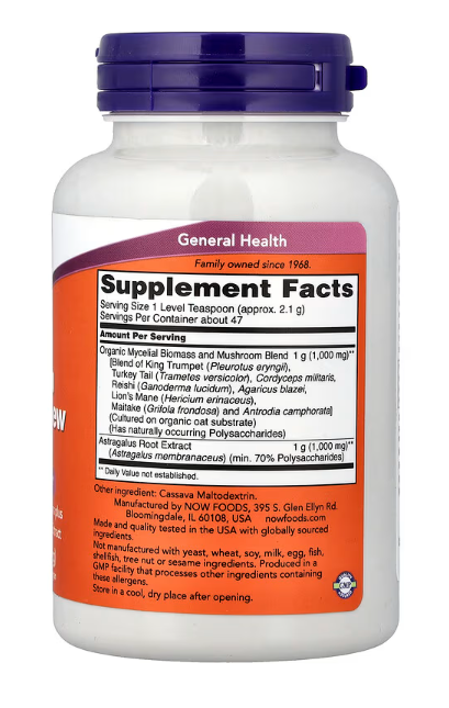 NOW Foods Mushroom Immune Renew Powder 3.5 oz supplement facts label showing mushroom blend and astragalus extract per serving