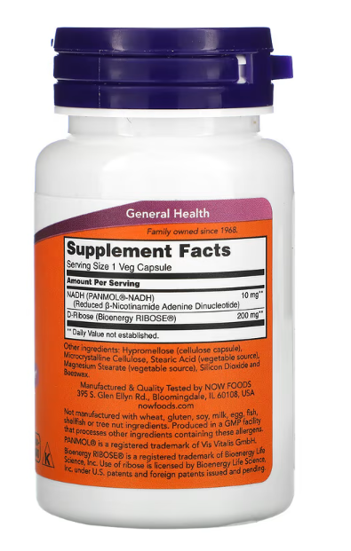 NOW Foods NADH 10 mg supplement facts label