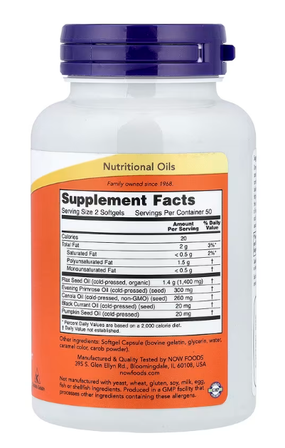 NOW Foods Omega 3-6-9 100 Softgels Supplement Facts panel showing fish oil, borage oil, and flax seed oil blend