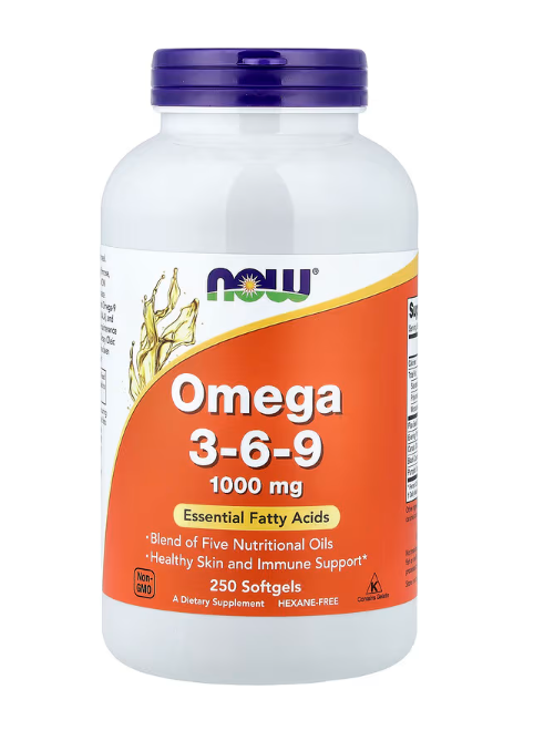 NOW Foods Omega 3-6-9 100 Softgels Supplement Facts panel showing fish oil, borage oil, and flax seed oil blend