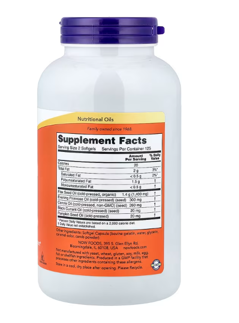 NOW Foods Omega 3-6-9 250 Softgels Supplement Facts panel with omega fatty acid breakdown