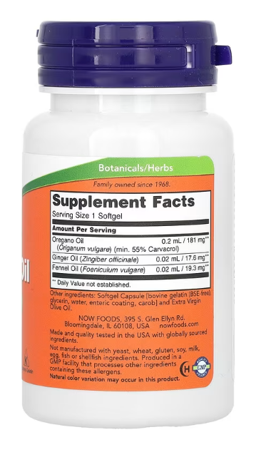 NOW Foods Oregano Oil 90 softgels supplement facts and ingredient label