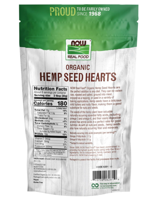 NOW Foods Organic Hemp Seed Hearts nutrition facts and ingredient panel on back of bag