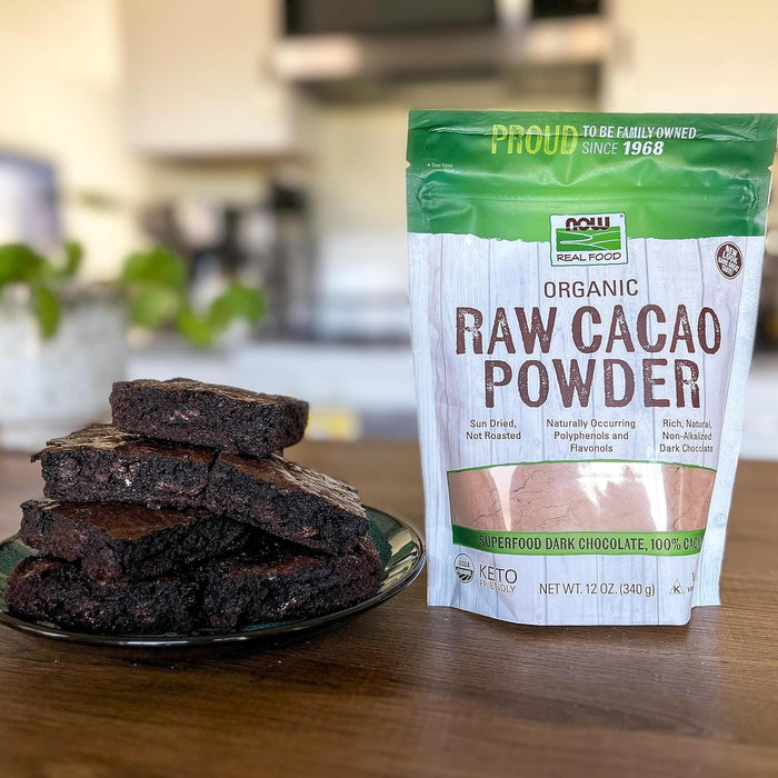 NOW Real Food Organic Raw Cacao Powder fine dark cacao texture
