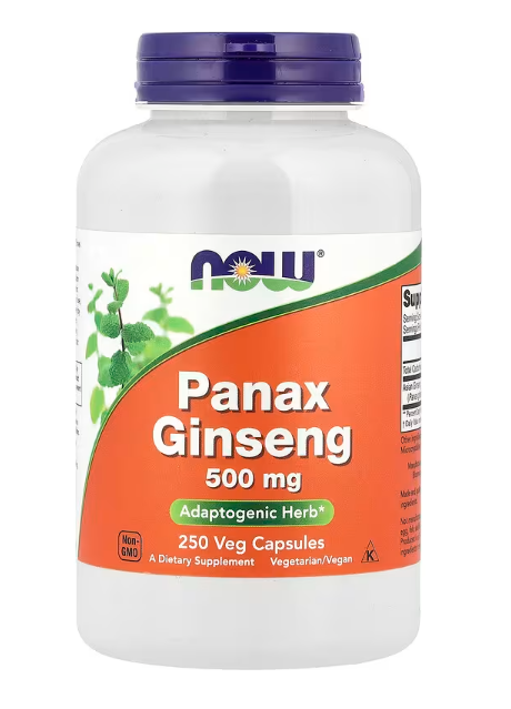 NOW Foods Panax Ginseng 500 mg bottle front label herbal energy support supplement 250 Veg Capsules