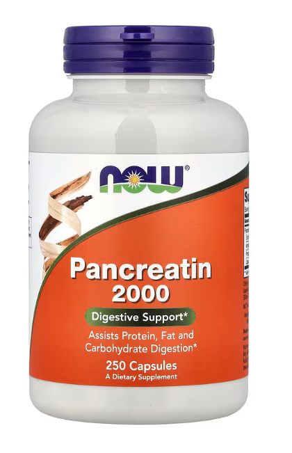 NOW Foods Pancreatin 2000 digestive enzyme supplement front label 250 Capsules