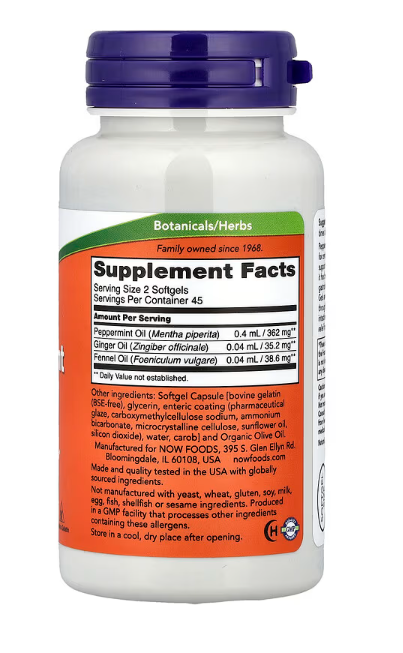 NOW Foods Peppermint Gels with Ginger and Fennel Oils 90 softgels supplement facts panel