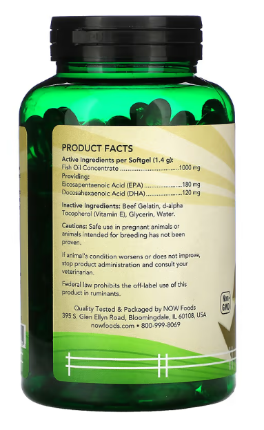 NOW Pets Omega-3 Support Great Fish supplement facts and dosage label for dogs and cats