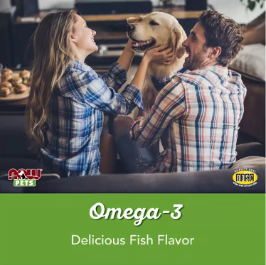 NOW Pets Omega-3 Support EPA and DHA benefits graphic with family and dog