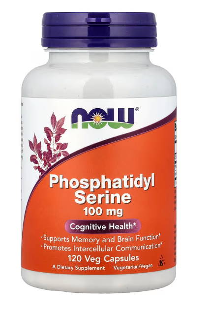 NOW Foods Phosphatidyl Serine 100 mg 120 Veg Capsules bottle front label brain and cognitive support formula