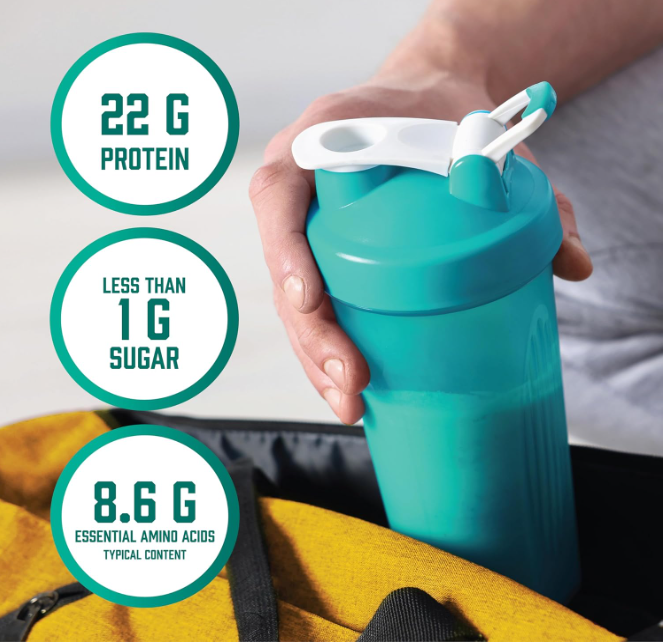 NOW Sports Plant Protein Complex 22g benefits graphic showing 22g protein, less than 1g sugar, and 8.6g BCAAs per serving