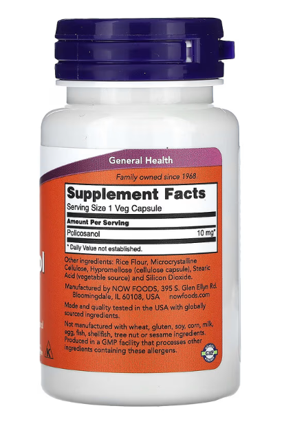 NOW Foods Policosanol 10 mg 90 Veg Capsules supplement facts label showing sugar cane derived long-chain fatty alcohols per serving