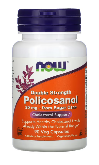 NOW Foods Policosanol 20 mg Double Strength 90 Veg Capsules bottle front label derived from sugar cane