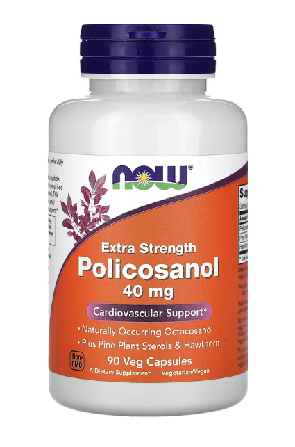 NOW Foods Policosanol 40 mg Extra Strength 90 Veg Capsules bottle front label long-chain fatty alcohol supplement