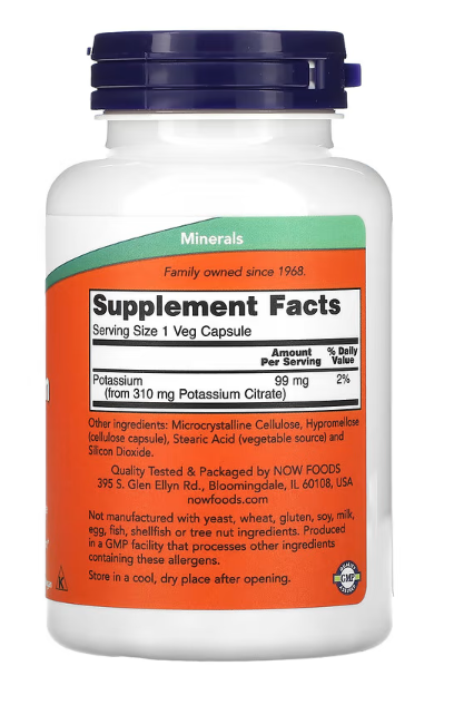 NOW Foods Potassium Citrate 99 mg 180 veg capsules supplement facts panel