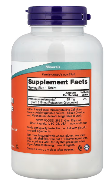 NOW Foods Potassium Gluconate 99 mg 250 Tablets Facts
