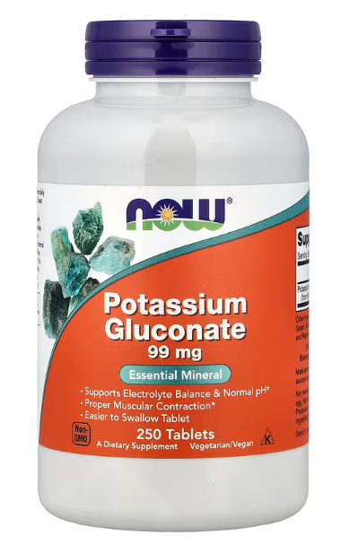 NOW Foods Potassium Gluconate 99 mg 250 tablets bottle front label