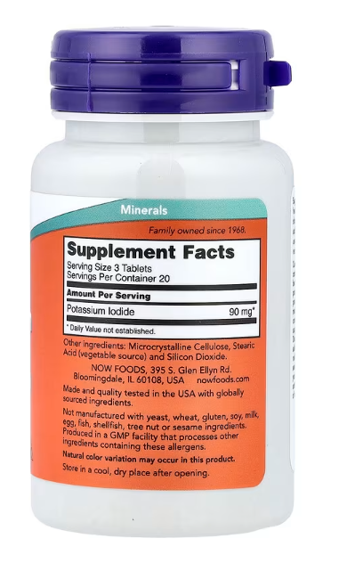 NOW Foods Potassium Iodide 30 mg supplement facts panel and ingredient list 60ct