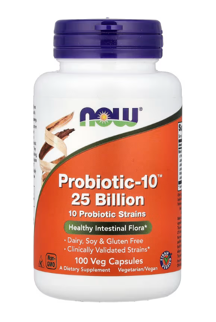 NOW Foods Probiotic-10™ 25 Billion 100 Veg Capsules 10 strain probiotic supplement front label