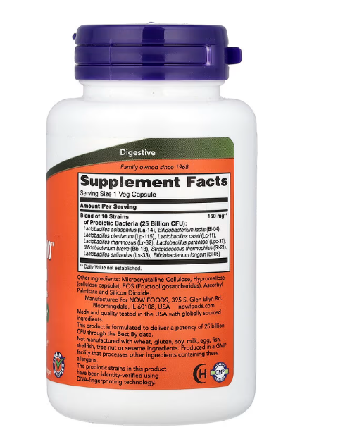 NOW Foods Probiotic-10™ 25 Billion Supplement Facts panel showing 10 probiotic strains and 25 billion CFU potency