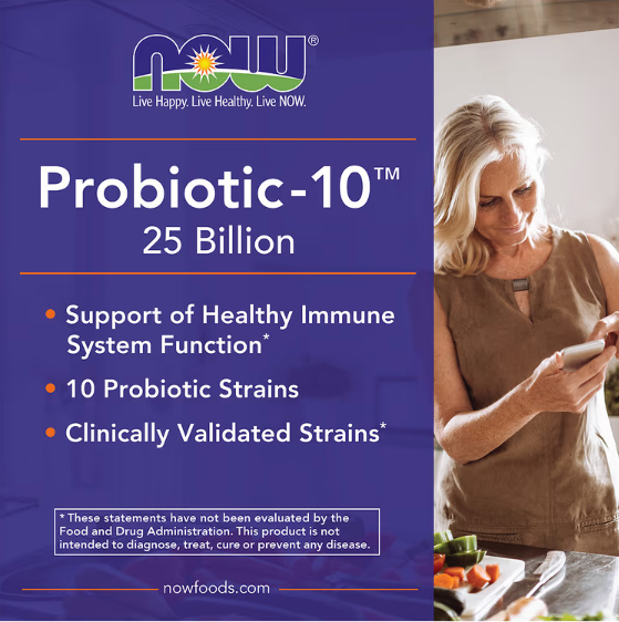 NOW Foods Probiotic-10™ 25 Billion Supplement Facts panel showing 10 probiotic strains and 25 billion CFU potency