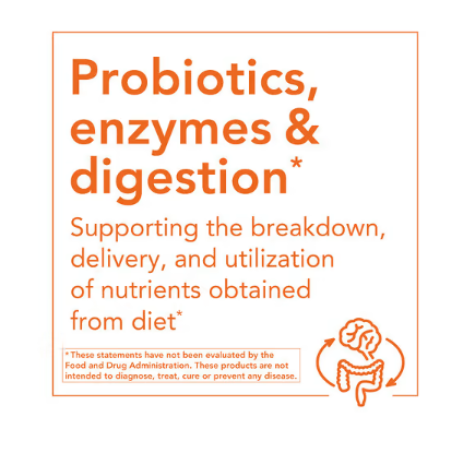 NOW Foods Probiotics, Enzymes & Digestion informational graphic showing digestive support benefits and nutrient breakdown support statement.