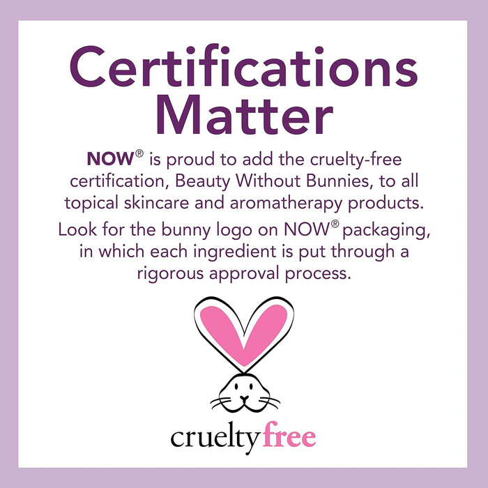 NOW Solutions cruelty-free certification graphic with Beauty Without Bunnies logo and statement about rigorous ingredient approval process