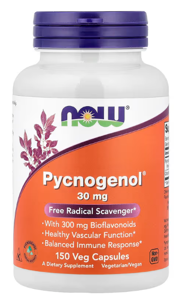 NOW Foods Pycnogenol With Bioflavonoids antioxidant supplement bottle 150 Veg Capsules 