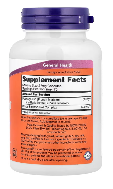 NOW Foods Pycnogenol supplement facts and ingredient label 150 Veg Capsules 