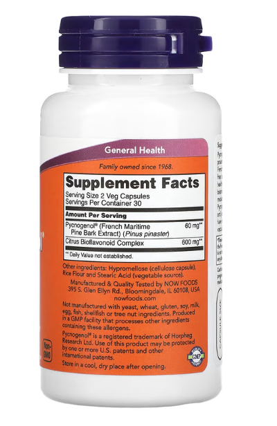 NOW Foods Pycnogenol supplement facts and ingredient label 60 Veg Capsules
