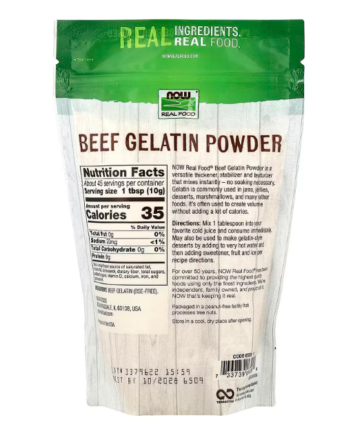 NOW Foods Real Food Beef Gelatin Powder 1 lb (454 g) Nutrition Facts panel showing protein and calorie information