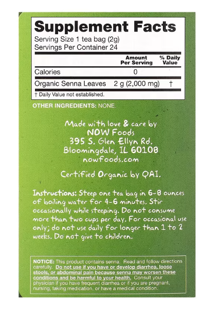 NOW Foods Organic Senna Tea ingredient and brewing instructions label