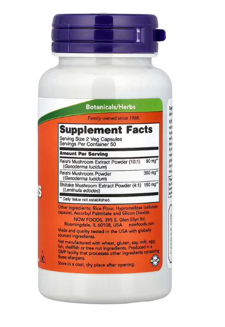 NOW Foods Rei-Shi Mushrooms 270 mg, 100 Veg Capsules Supplement Facts panel showing mushroom dosage and ingredient details