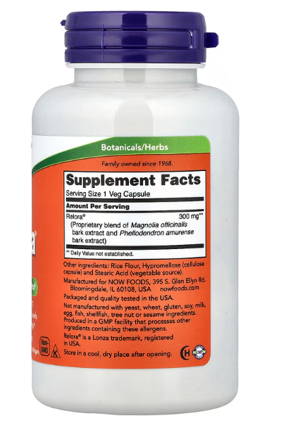 NOW Foods Relora supplement facts and ingredient label 120 Veg Capsules