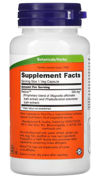 NOW Foods Relora supplement facts and ingredient label 60 Veg Capsules