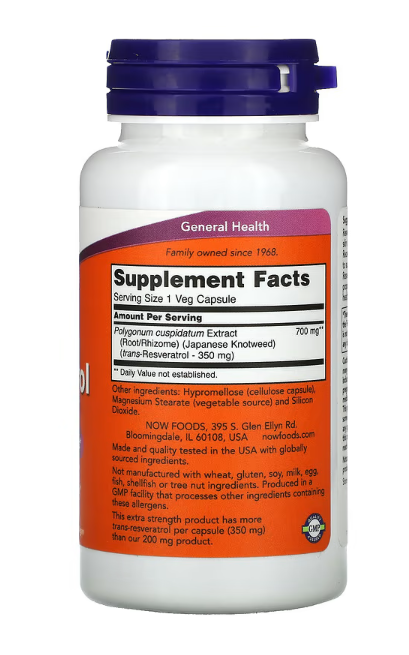 NOW Foods Extra Strength Resveratrol 350 mg supplement facts label bottle 60 veg capsules