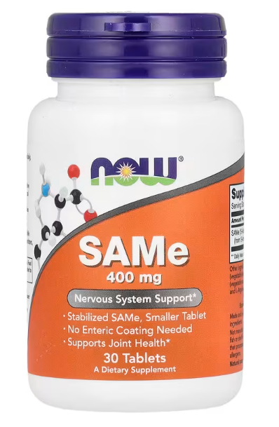 NOW Foods SAMe 400 mg mood and joint support supplement bottle 30 Tablets 