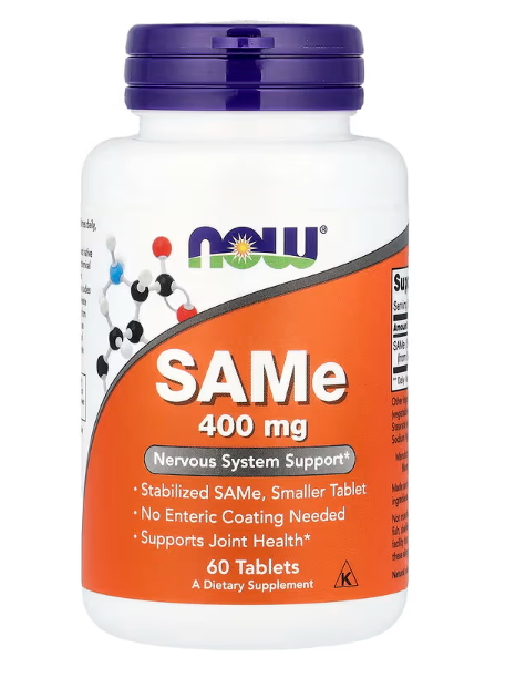 NOW Foods SAMe 400 mg mood and joint support supplement bottle 60 Tablets