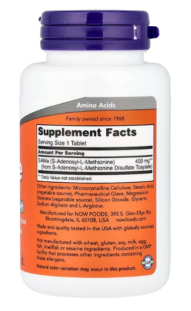 NOW Foods SAMe 400 mg supplement facts and ingredient label 60 Tablets
