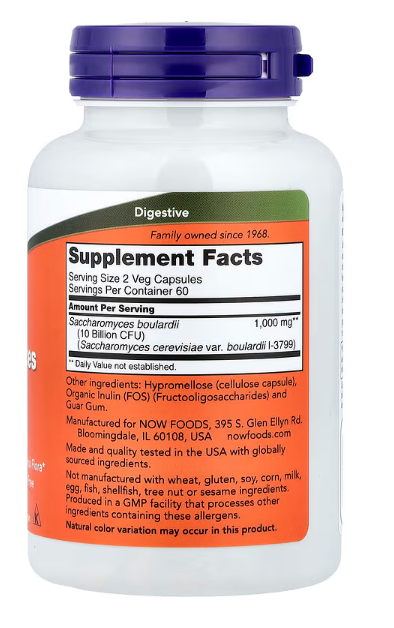 NOW Foods Saccharomyces Boulardii supplement facts and ingredient label 120 Count