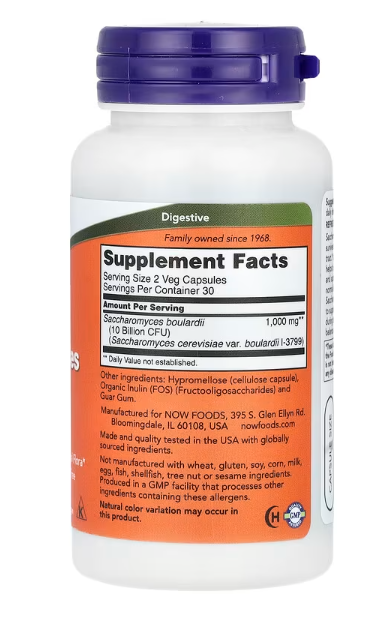 NOW Foods Saccharomyces Boulardii supplement facts and ingredient label 60 Count