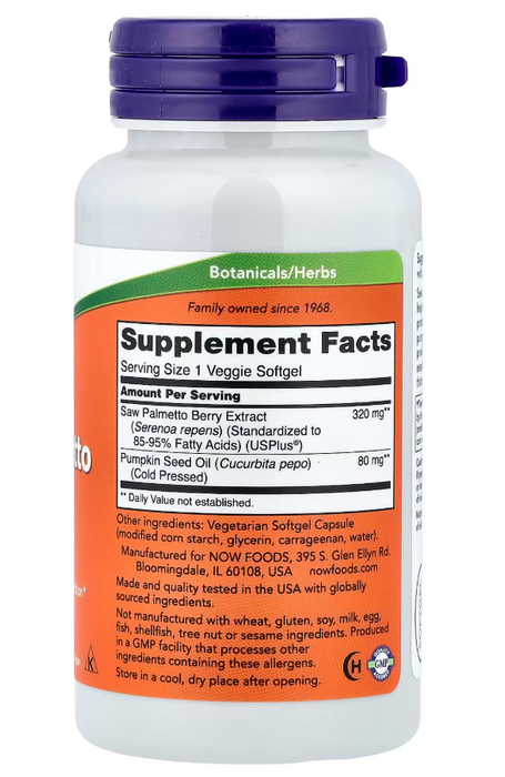 NOW Supplements Saw Palmetto Extract 320 mg softgels supplement facts label