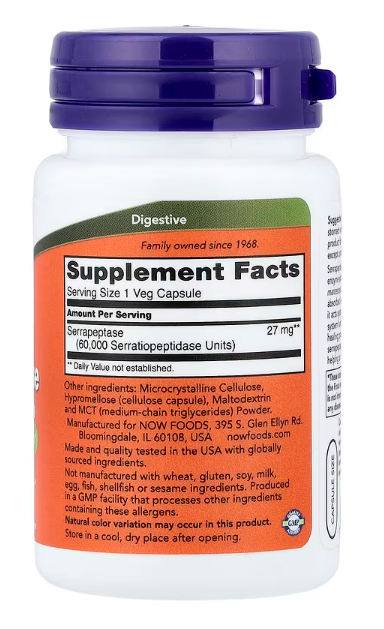 NOW Foods Serrapeptase supplement facts and ingredient label