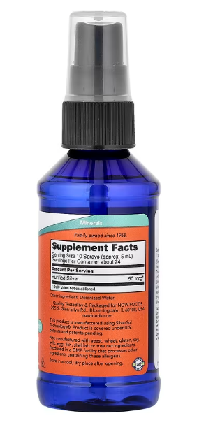 NOW Foods Silver Sol 10 PPM ingredient and usage label 4 fl oz