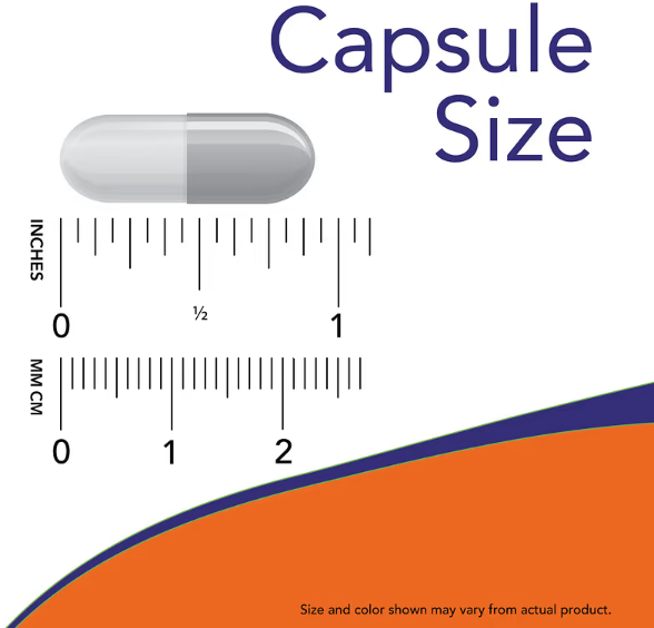 NOW Foods Slippery Elm 400 mg capsule size comparison showing capsule length in inches and millimeters.
