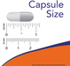 NOW Foods Slippery Elm 400 mg capsule size comparison showing capsule length in inches and millimeters.