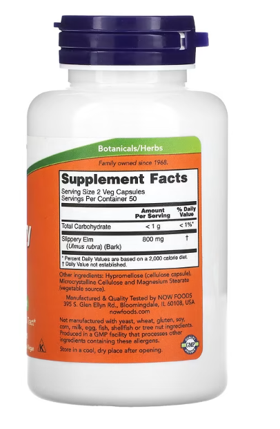 NOW Foods Slippery Elm 400 mg Supplement Facts panel showing 800 mg per serving and 100 vegetarian capsules.