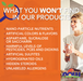 NOW Foods product quality graphic listing no artificial colors, flavors, aspartame, hidden steroids, or unlabeled allergens.