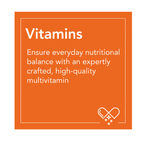 NOW Foods Vitamins lifestyle graphic highlighting everyday nutritional balance and high-quality formulations.